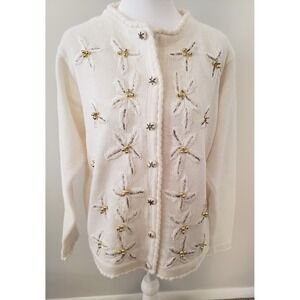 VTG BP Design Holiday Cardigan Sweater MEDIUM Christmas Neutral Beads Button Up